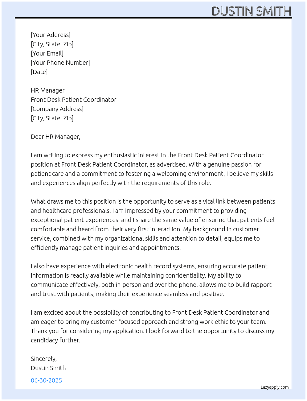 Front Desk Patient Coordinator At Front Desk Patient Coordinator Cover Letter
