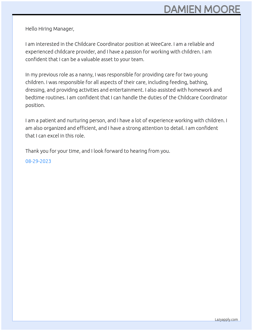 Childcare Coordinator At WeeCare Cover Letter