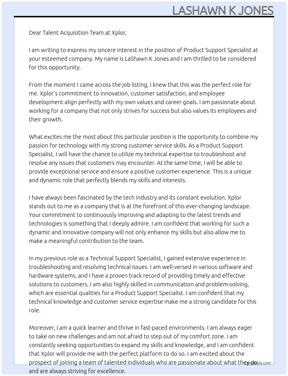 Product Support Specialist At Xplor Cover Letter