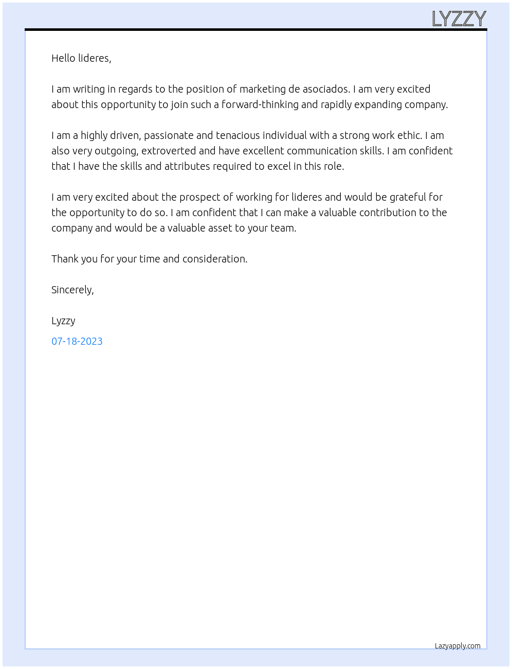 marteking de asociados At lideres Cover Letter