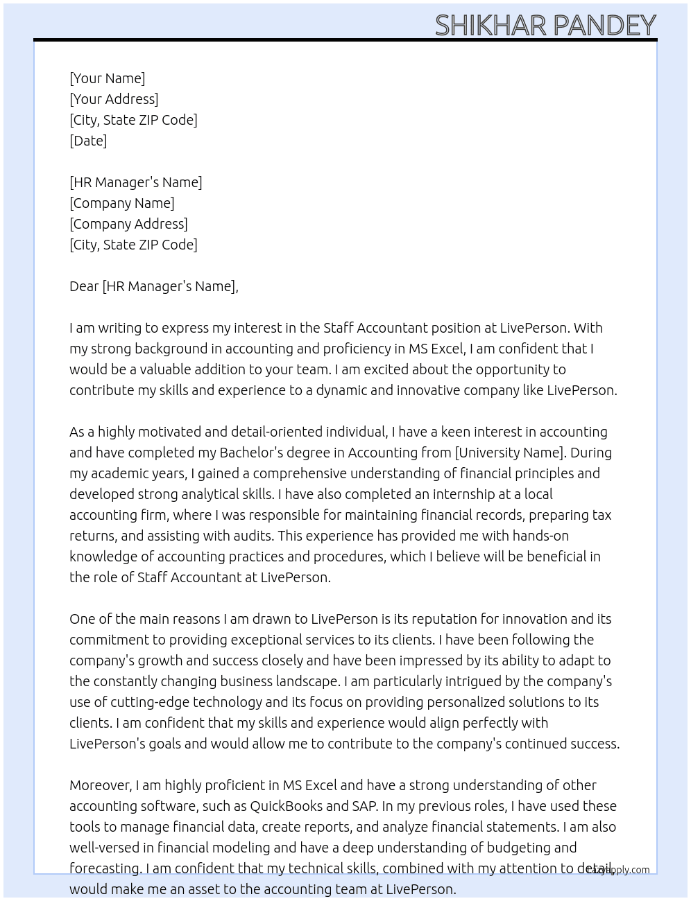 Staff Accountant  At LivePerson Cover Letter
