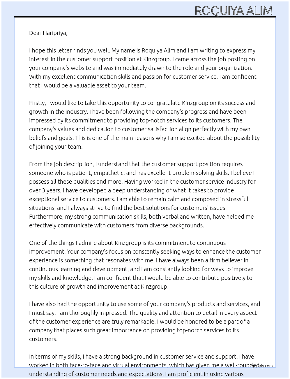 customer support  At  kinzgroup Cover Letter