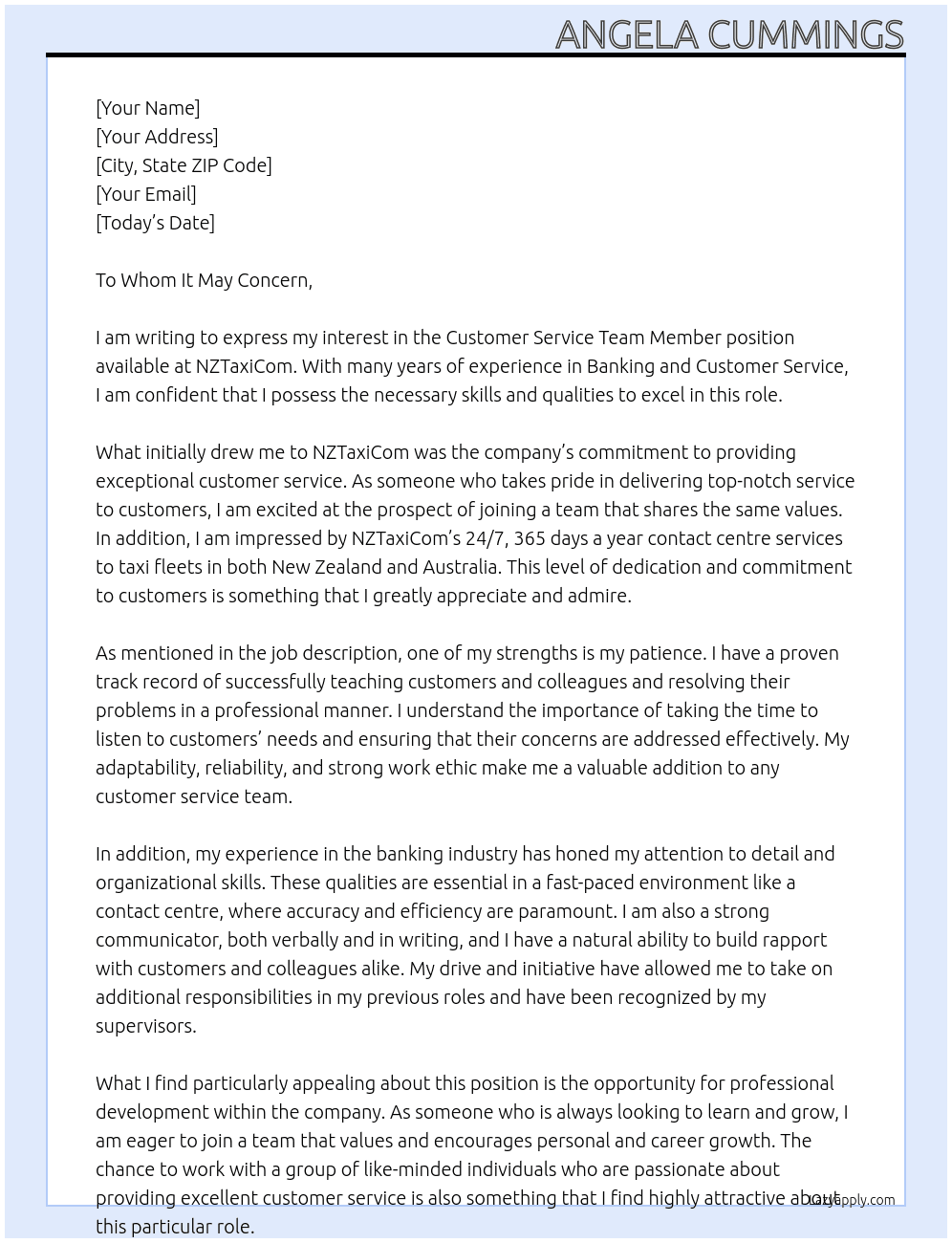 Customer Service Team Member At NZTaxiCom Cover Letter