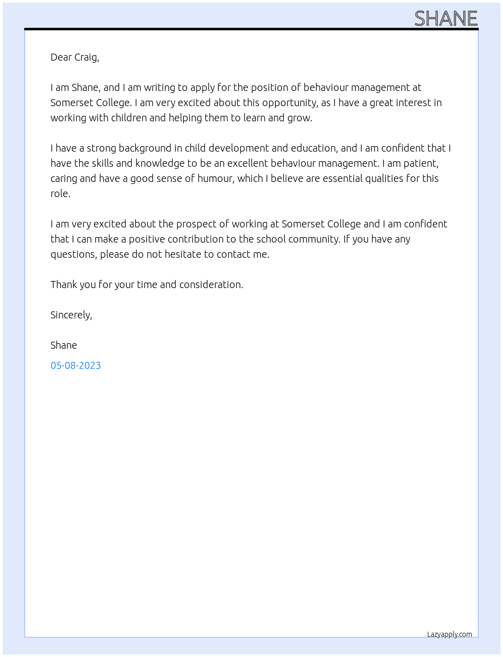 Behaviour management At Somerset College Cover Letter