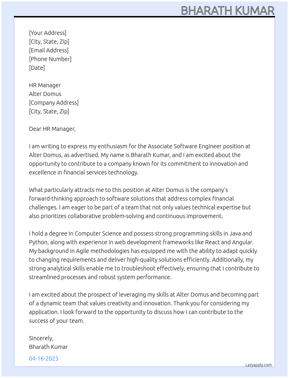 associate software engineer At alter domus Cover Letter