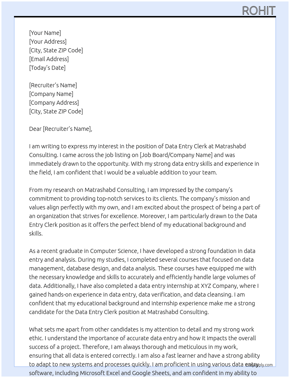 DATA ENTRY CLERK At Matrashabd Consulting Cover Letter