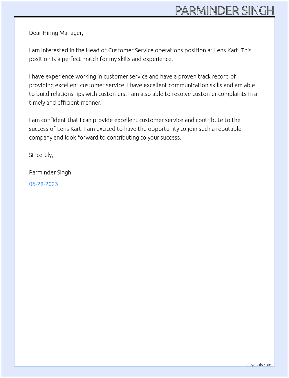Head of Customer Service operations At Lens Kart Cover Letter