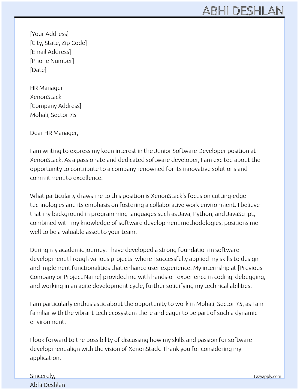 Junior Software Devloper At XenonStack Cover Letter