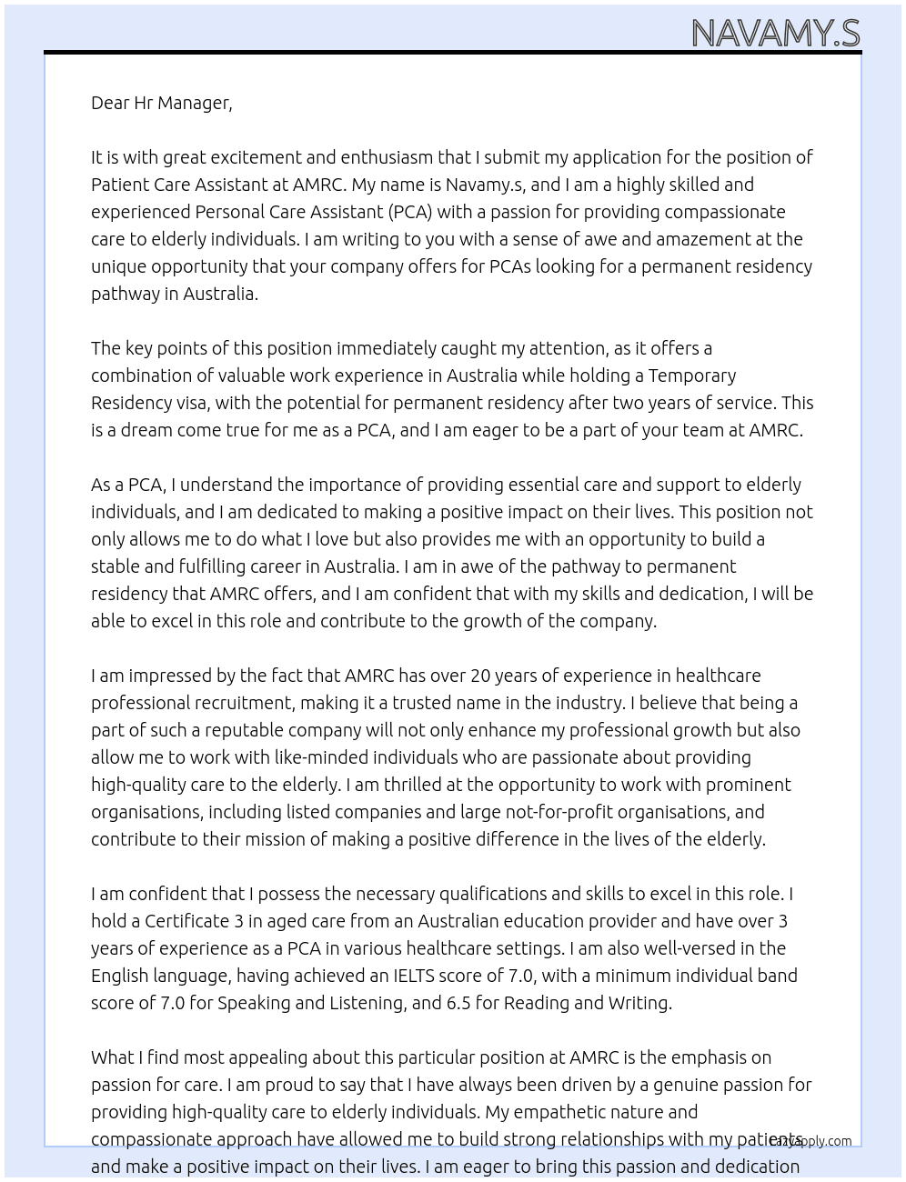 Patient care assistant  At AMRC Cover Letter