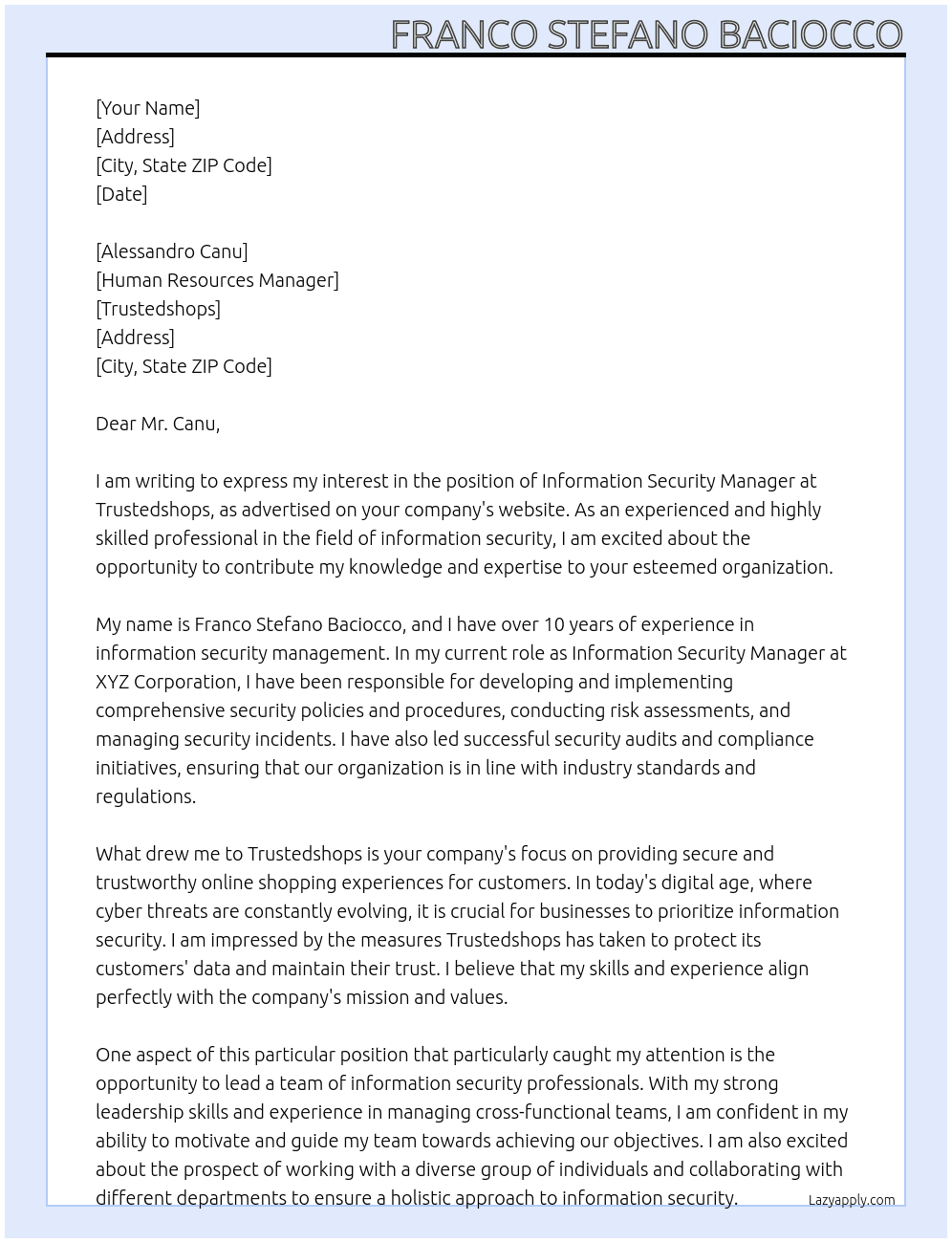 Information Security Manager At trustedshops Cover Letter