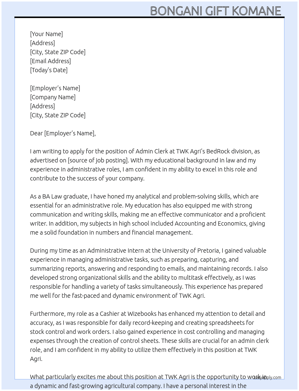 Admin Clerk  At TWK Agri Cover Letter