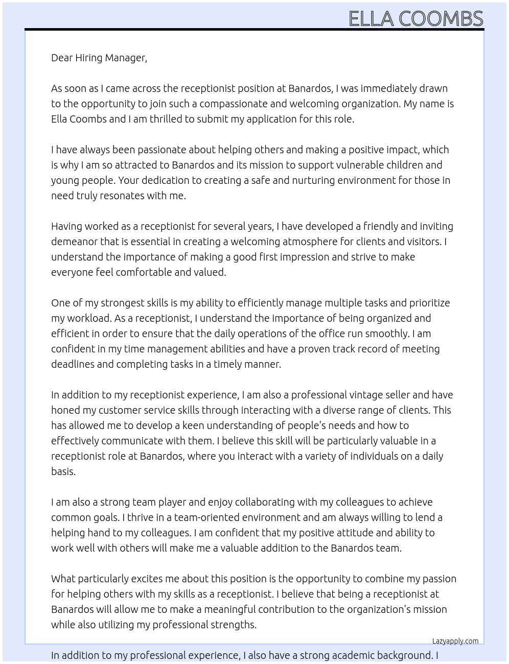 Receptionist  At Banardos Cover Letter