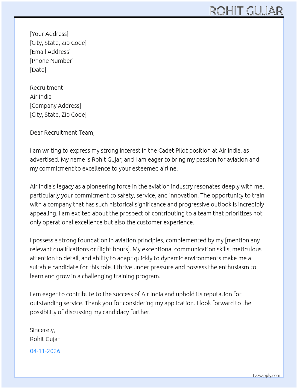 Cadet Pilot At Air India Cover Letter