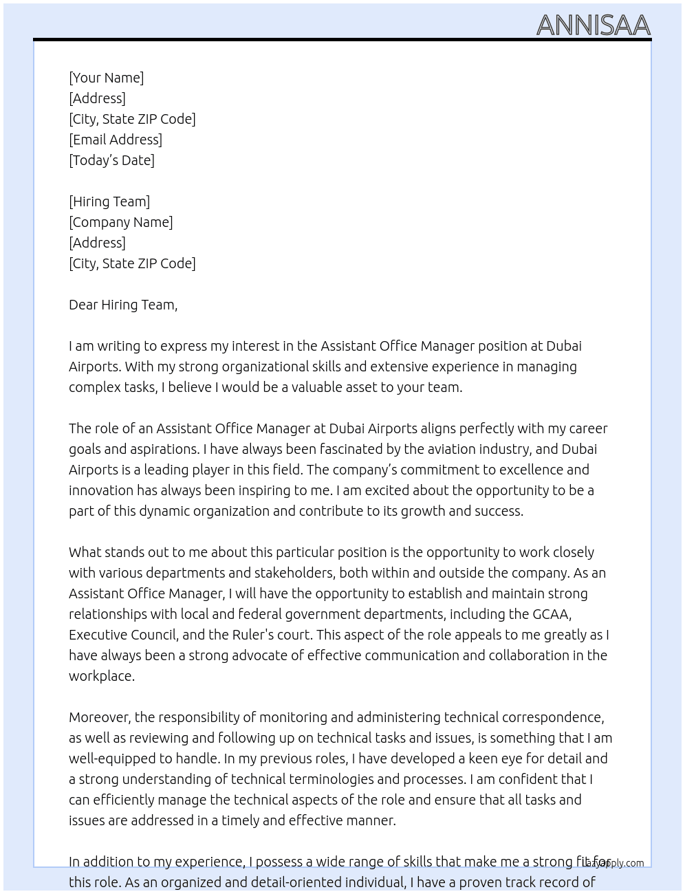 Assistant Office Manager At Dubai Airports Cover Letter