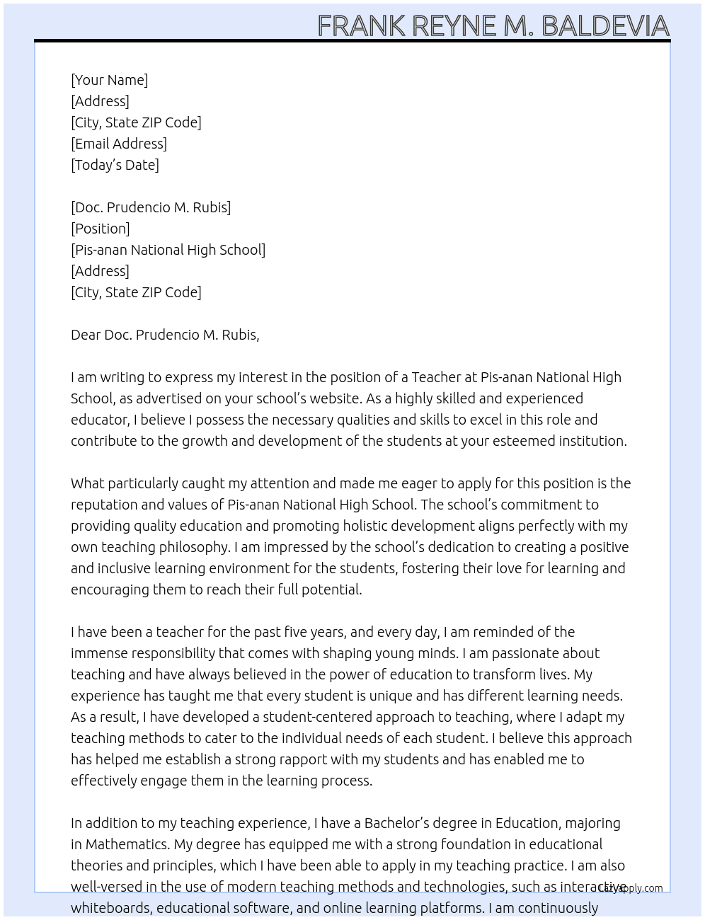 Teacher At Pis-anan National High School  Cover Letter