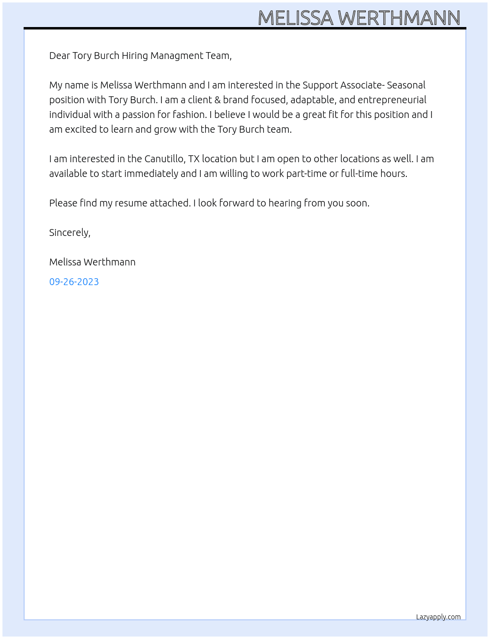 Support Associate- Seasonal At Tory Burch Cover Letter