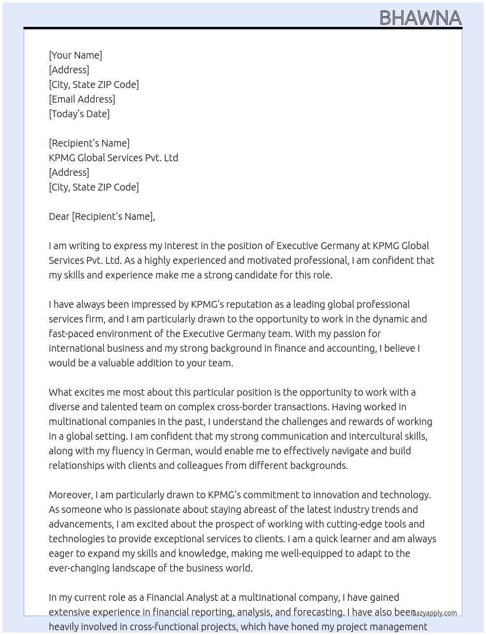 Executive Germany At KPMG Global Services Pvt. Ltd Cover Letter