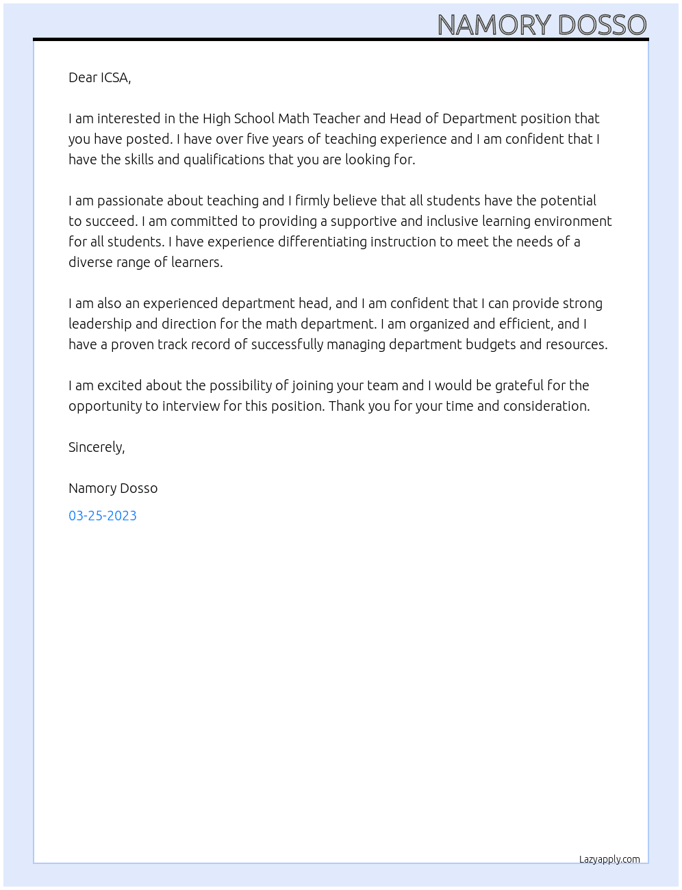 High school math teacher and Head of Department At ICSA Cover Letter