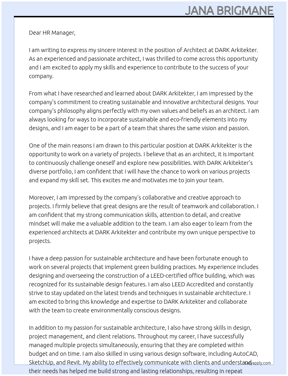 Architect At DARK Arkitekter Cover Letter