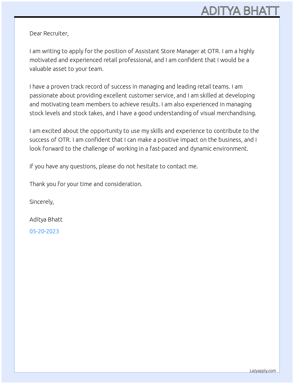 Assistant Store Manager At OTR  Cover Letter