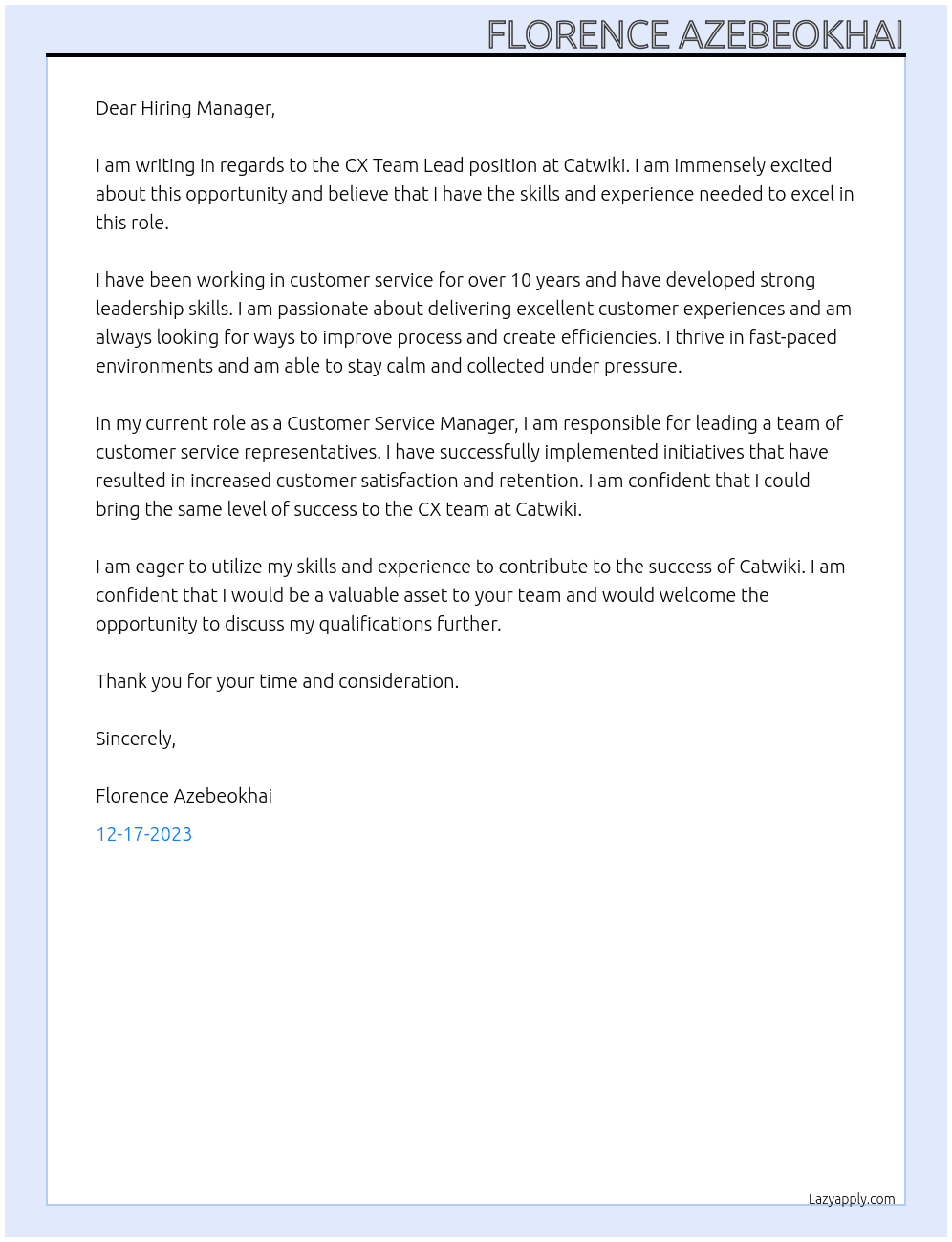 CX Team Lead At Catwiki Cover Letter
