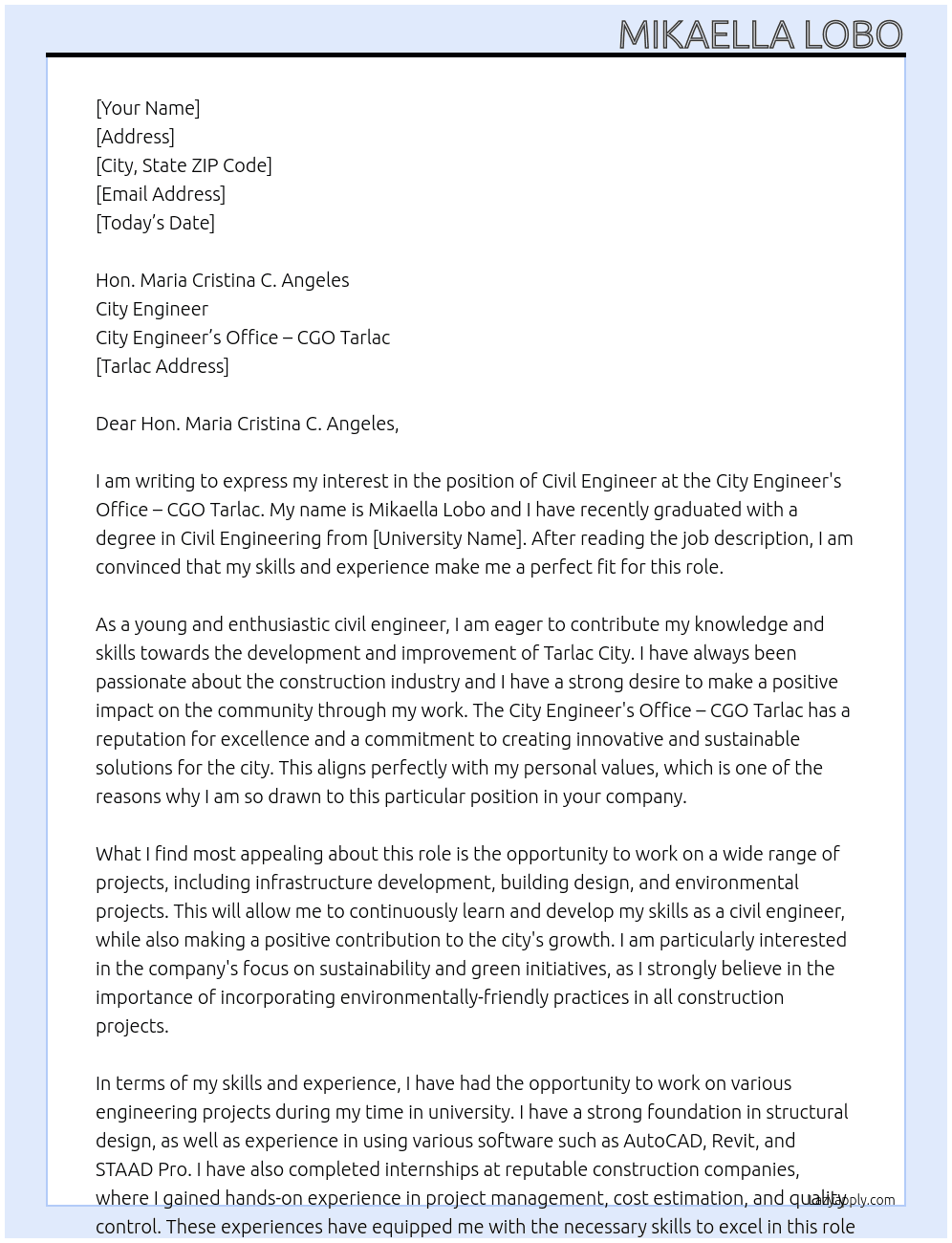 civil engineer At City Engineer's Office - CGO Tarlac Cover Letter