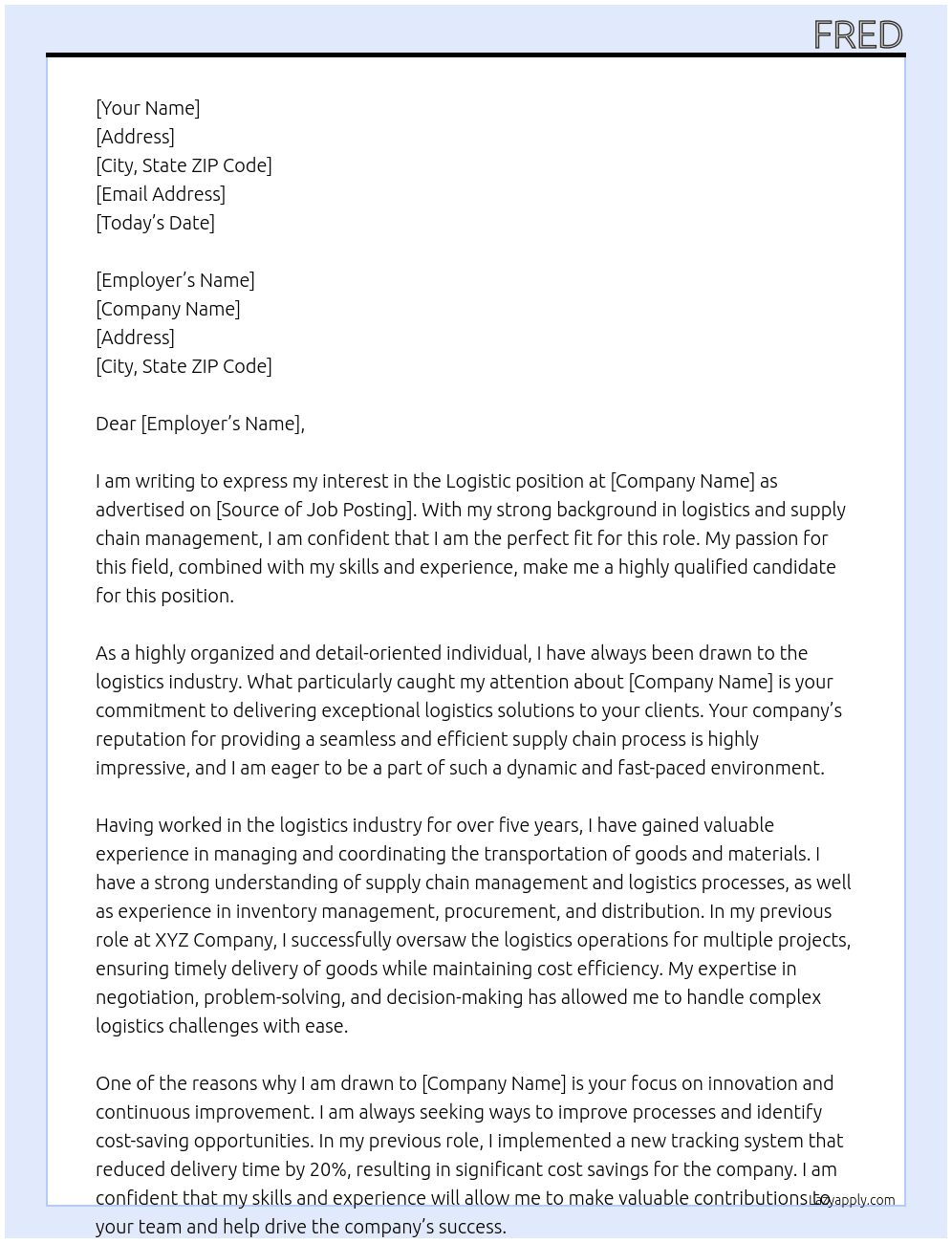 LOGISTIC At JOB APPLICATION  Cover Letter