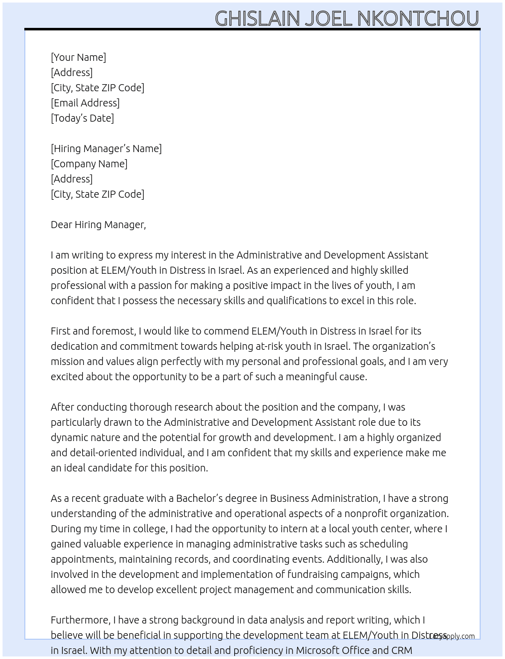Cover letter for administrative and development assistant - LazyApply