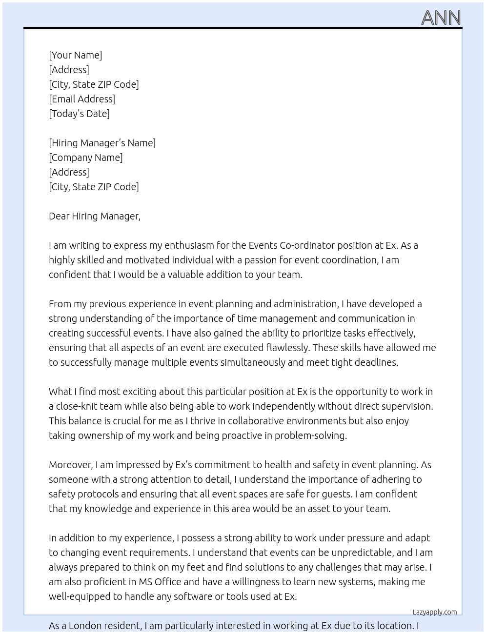 Events Co-ordinator At Ex Cover Letter