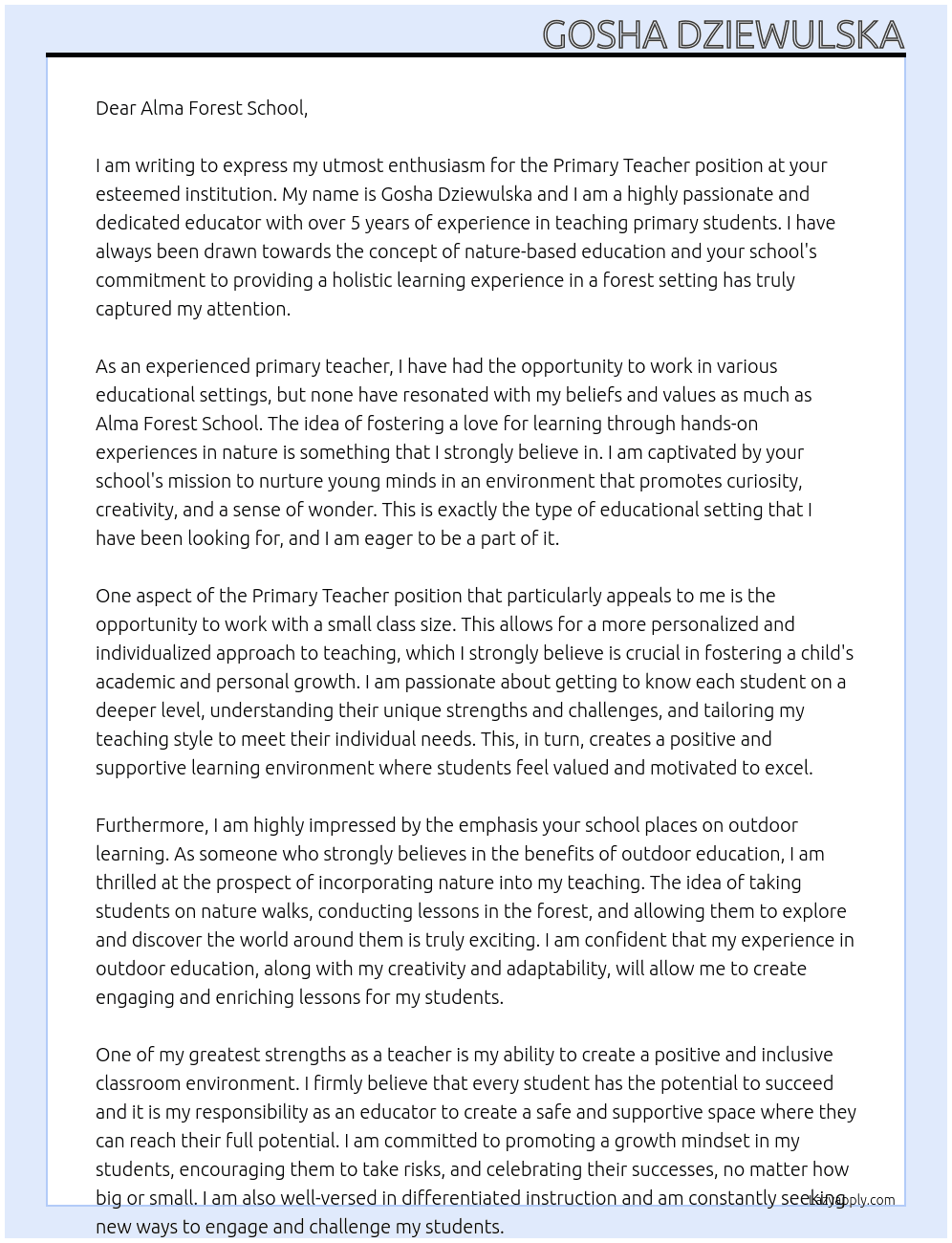 Primary Teacher  At Alma Forest School Cover Letter