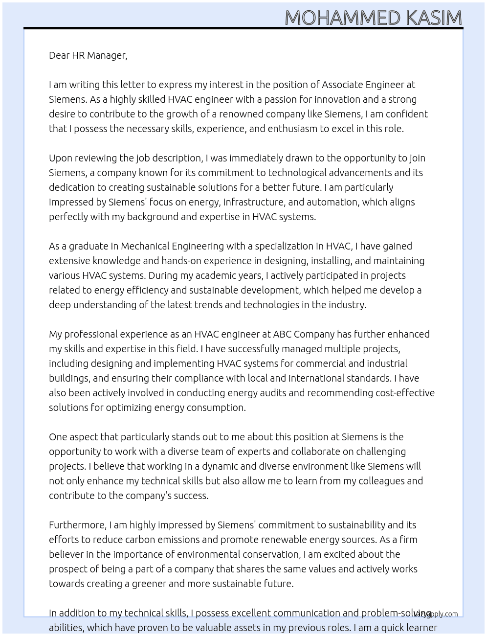 Associate engineer At Siemens Cover Letter