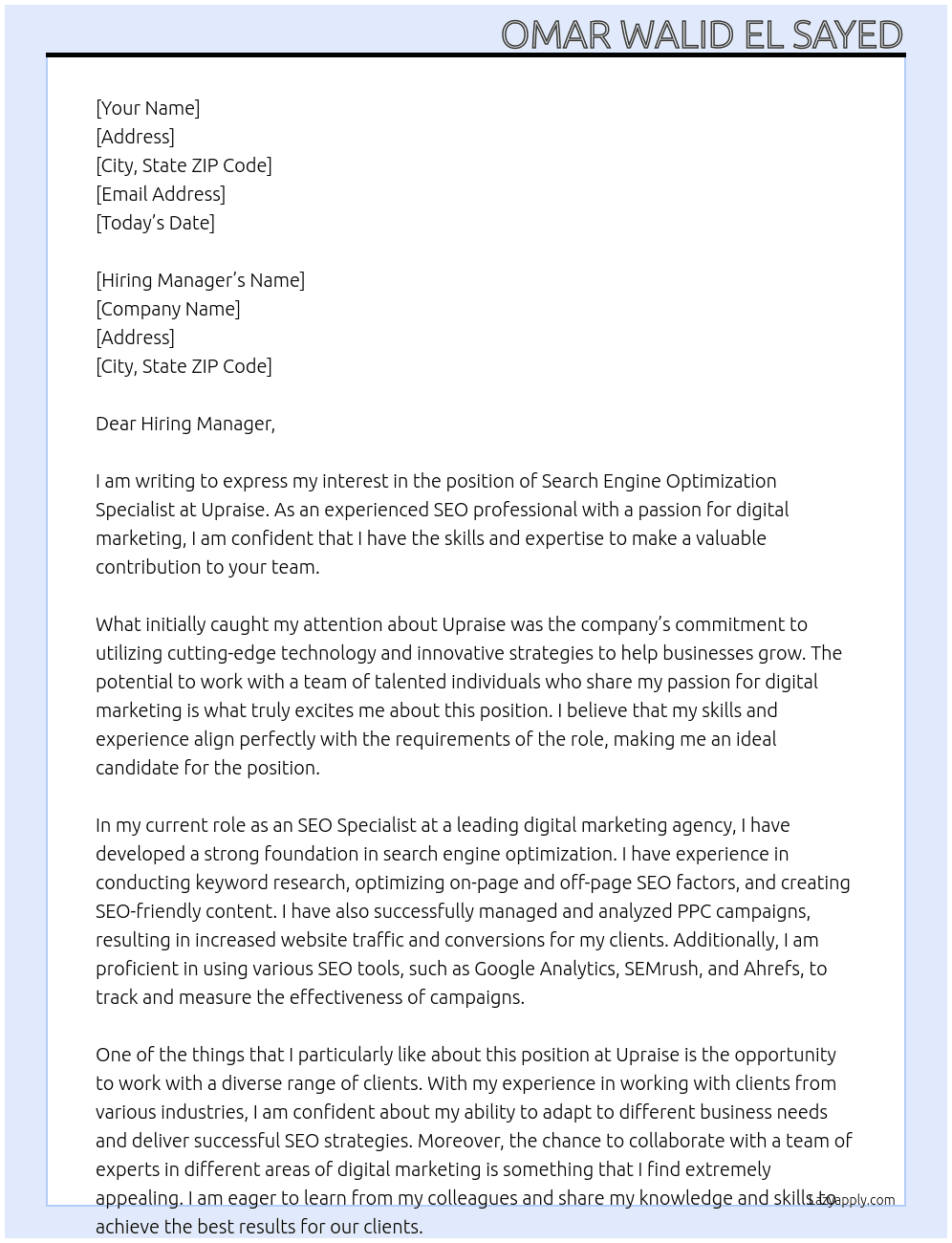 Search Engine Optimization Specialist At Upraise Cover Letter