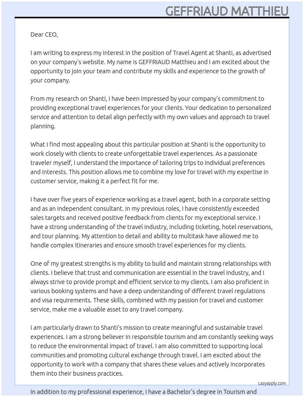 travel agent At Shanti Cover Letter