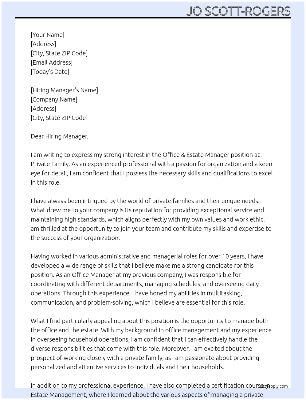 Office & Estate Manager At Private Family Cover Letter