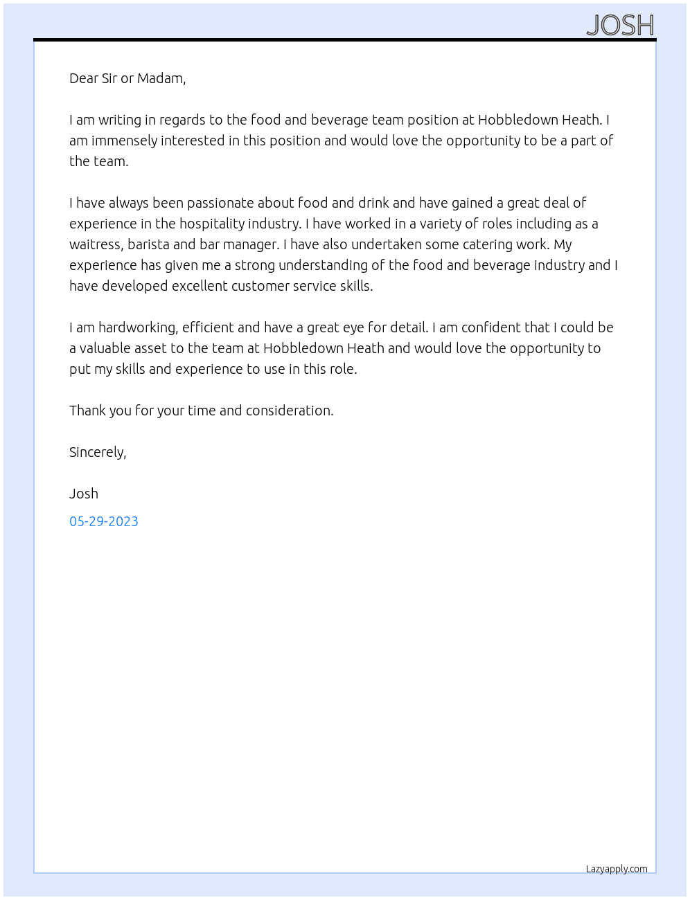 food and beverage team At hobbledown heath Cover Letter