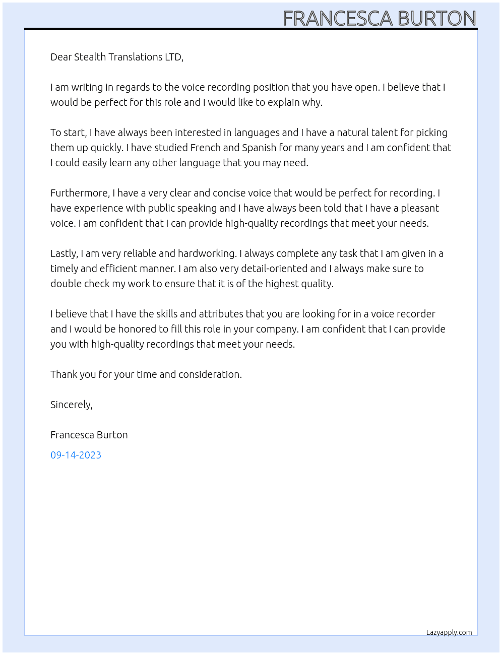 Voice recording  At Stealth Translations LTD Cover Letter