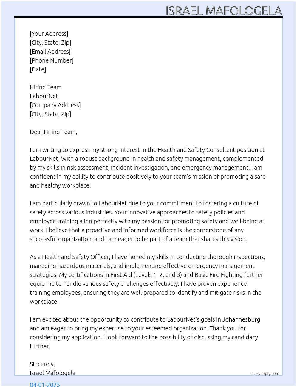 Health and Safety Consultant At LabourNet Cover Letter
