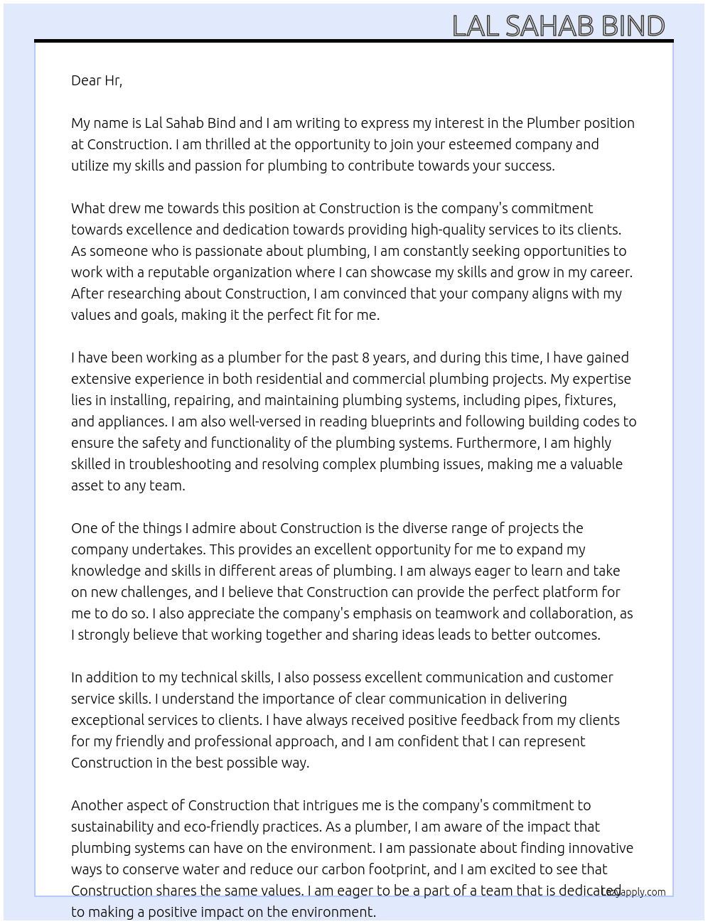 Plumber At Construction Cover Letter