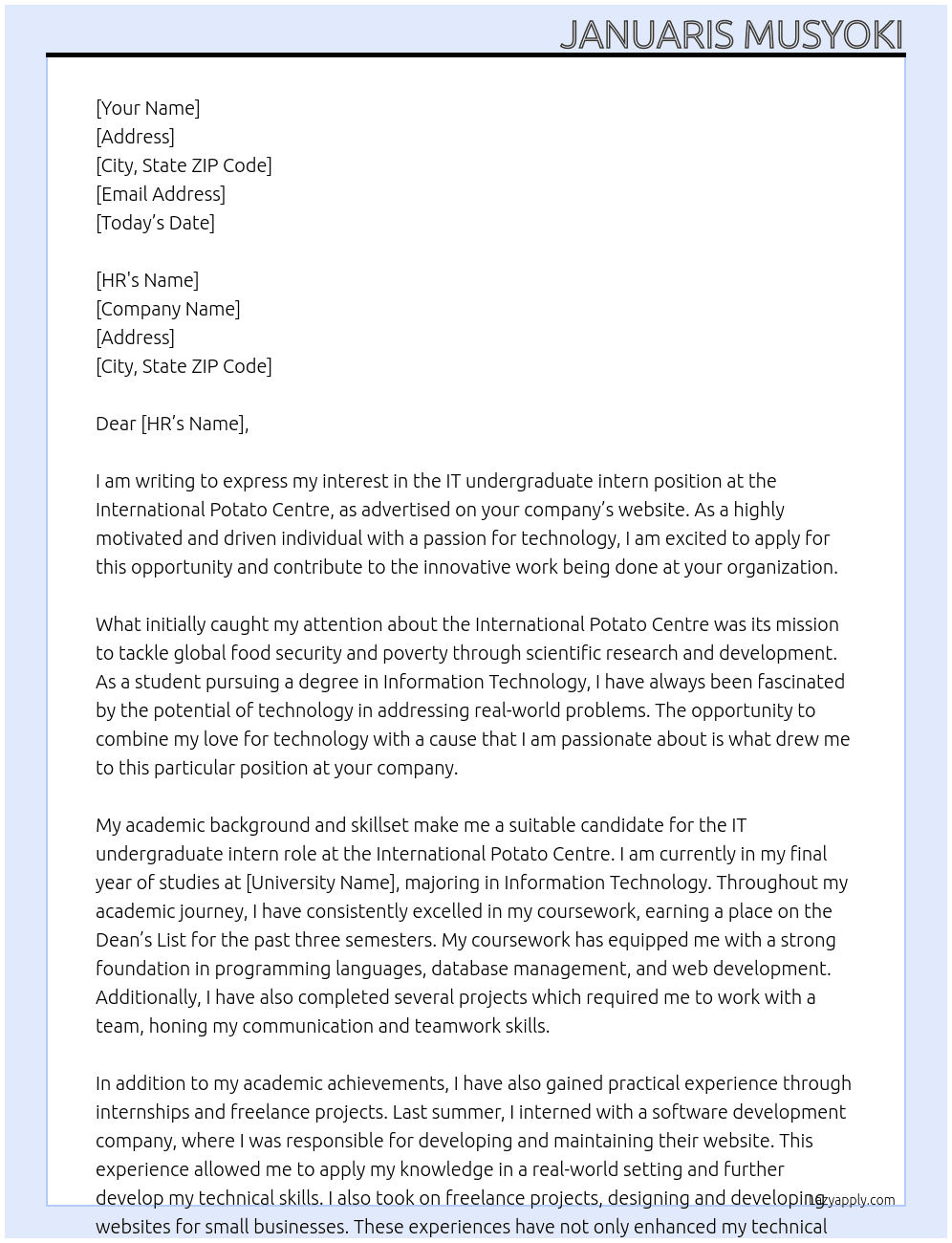 IT undergraduate intern At International Potato Centre Cover Letter