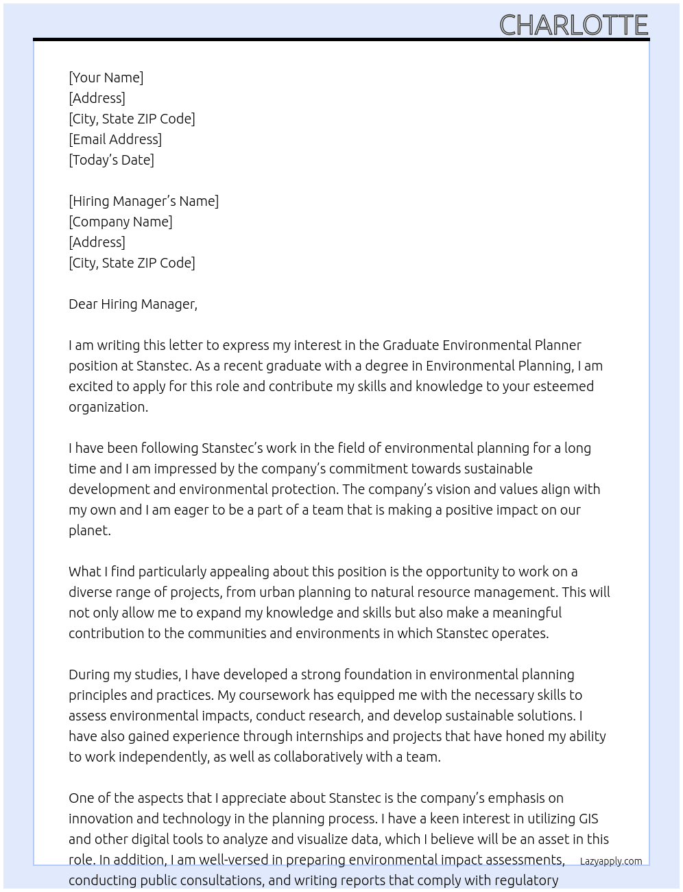 Graduate Environmental Planner At Stanstec Cover Letter