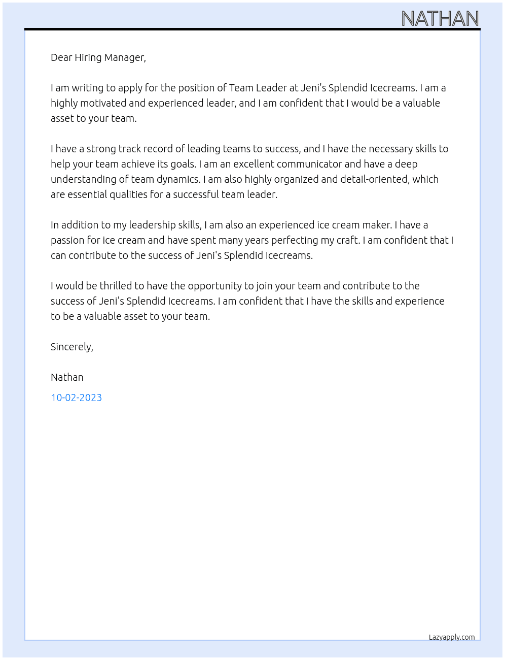 Team Leader At Jeni's Splendid Icecreams Cover Letter