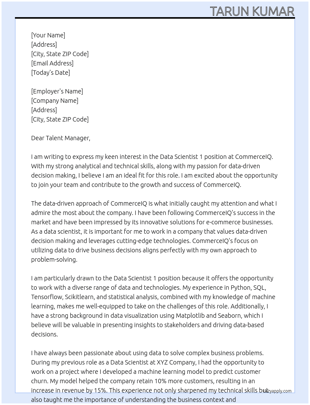 Data Scientist 1 At CommerceIQ Cover Letter
