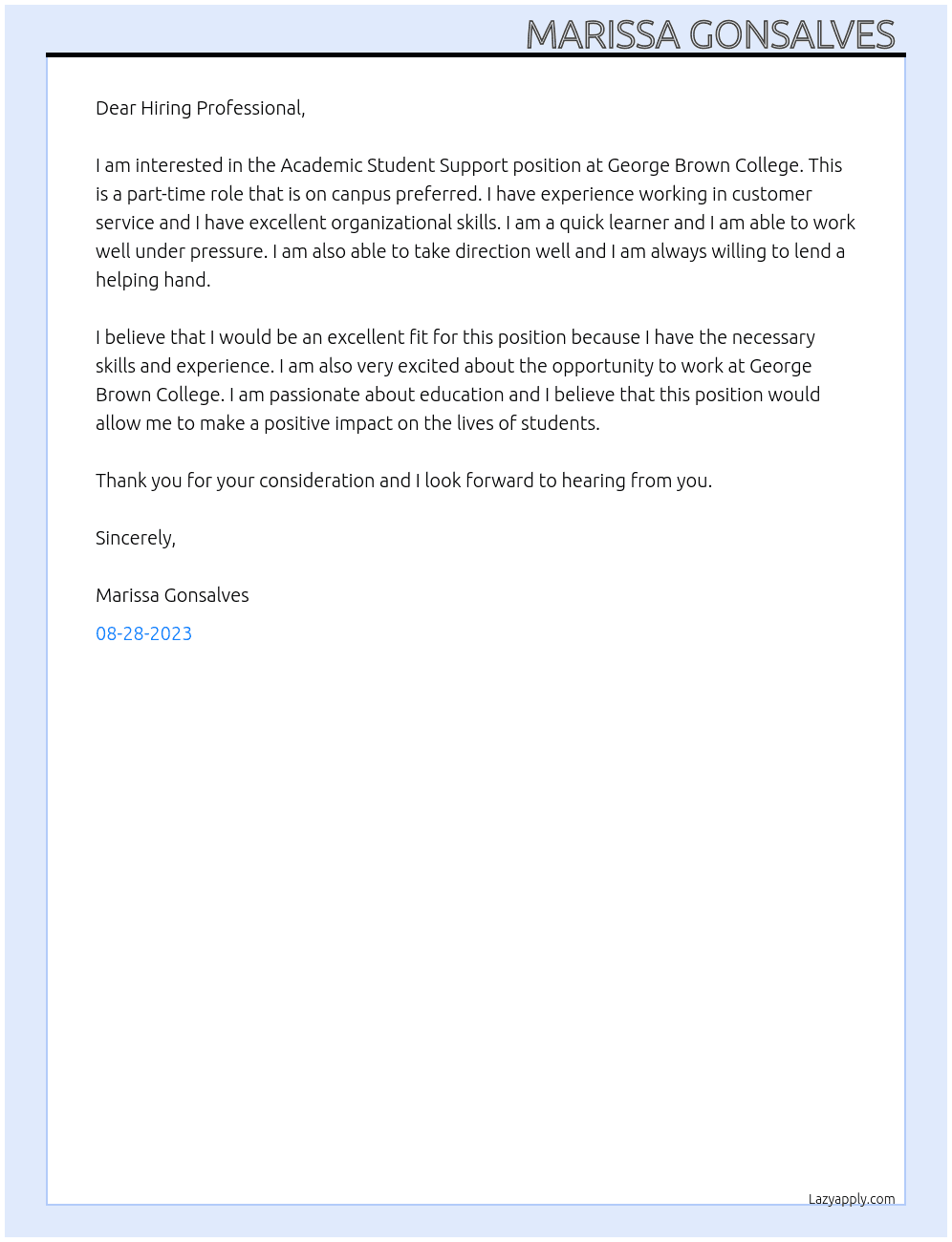 Academic Student Support  At George Brown College Cover Letter
