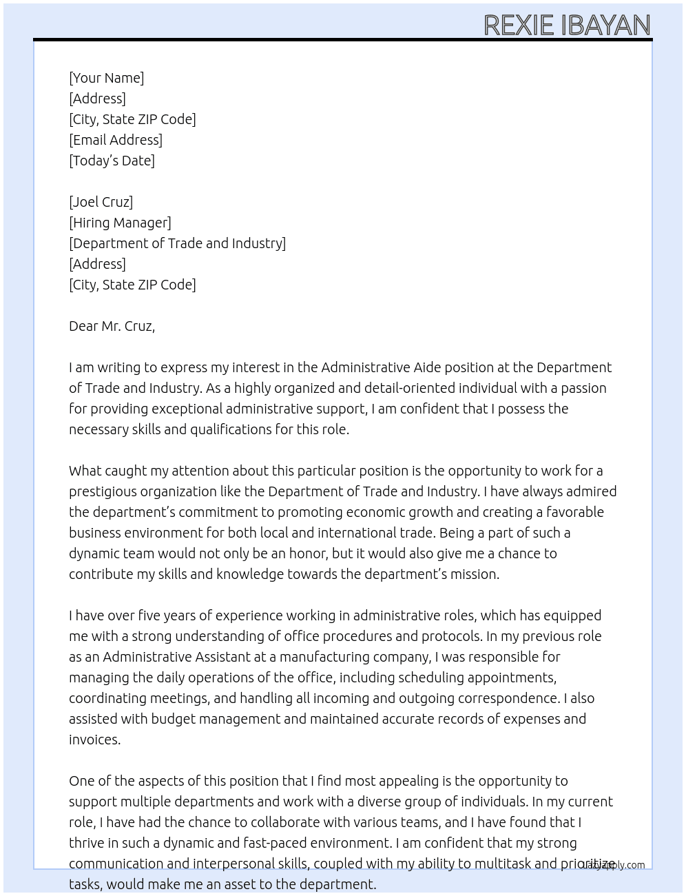 administrative aide At Department of Trade and Industry Cover Letter