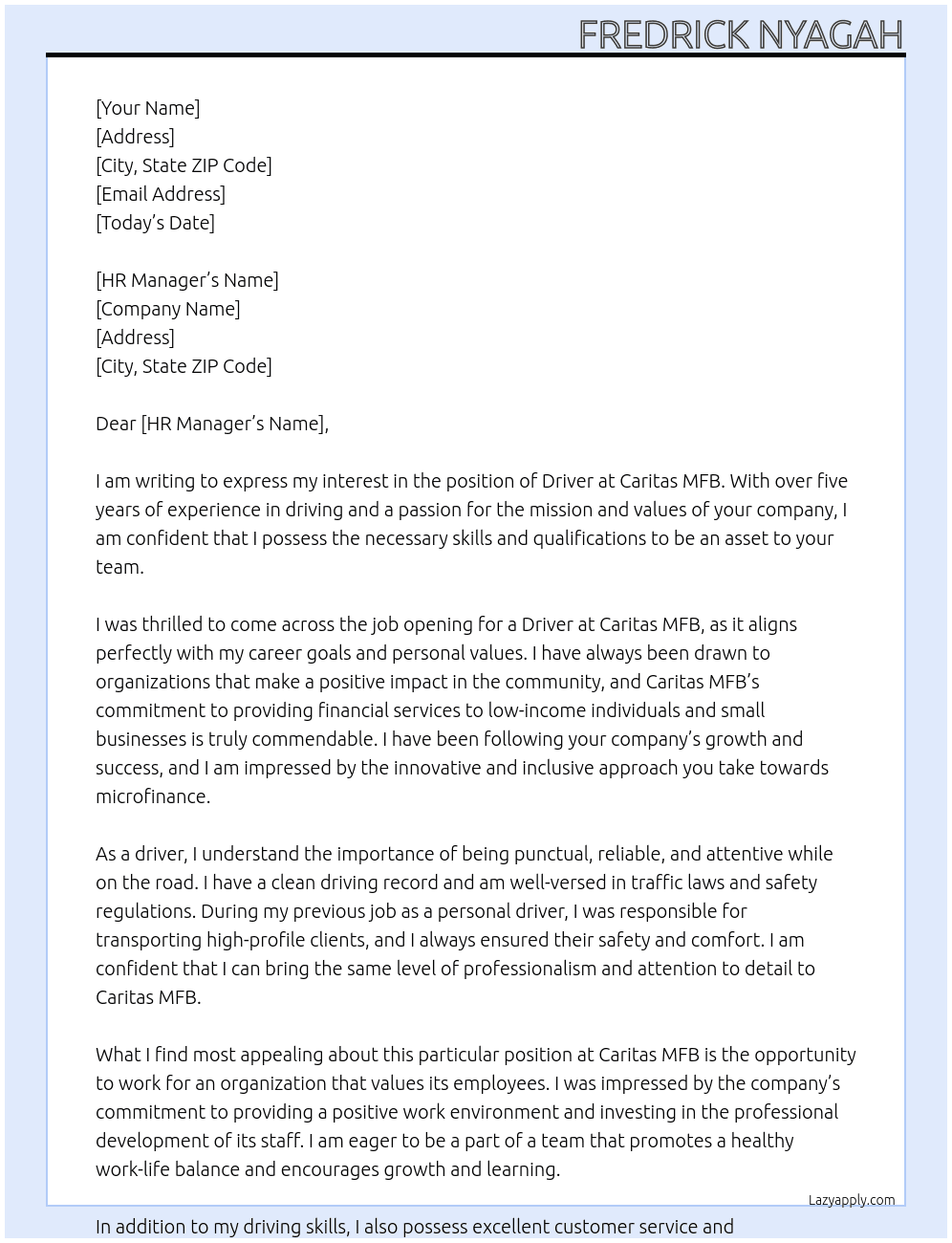 driver At Caritas MFB Cover Letter