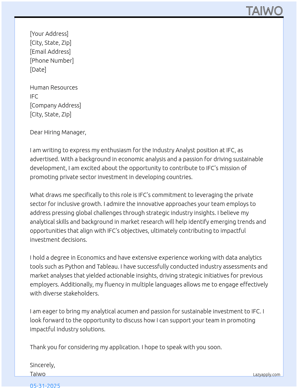 Industry analyst At IFC Cover Letter