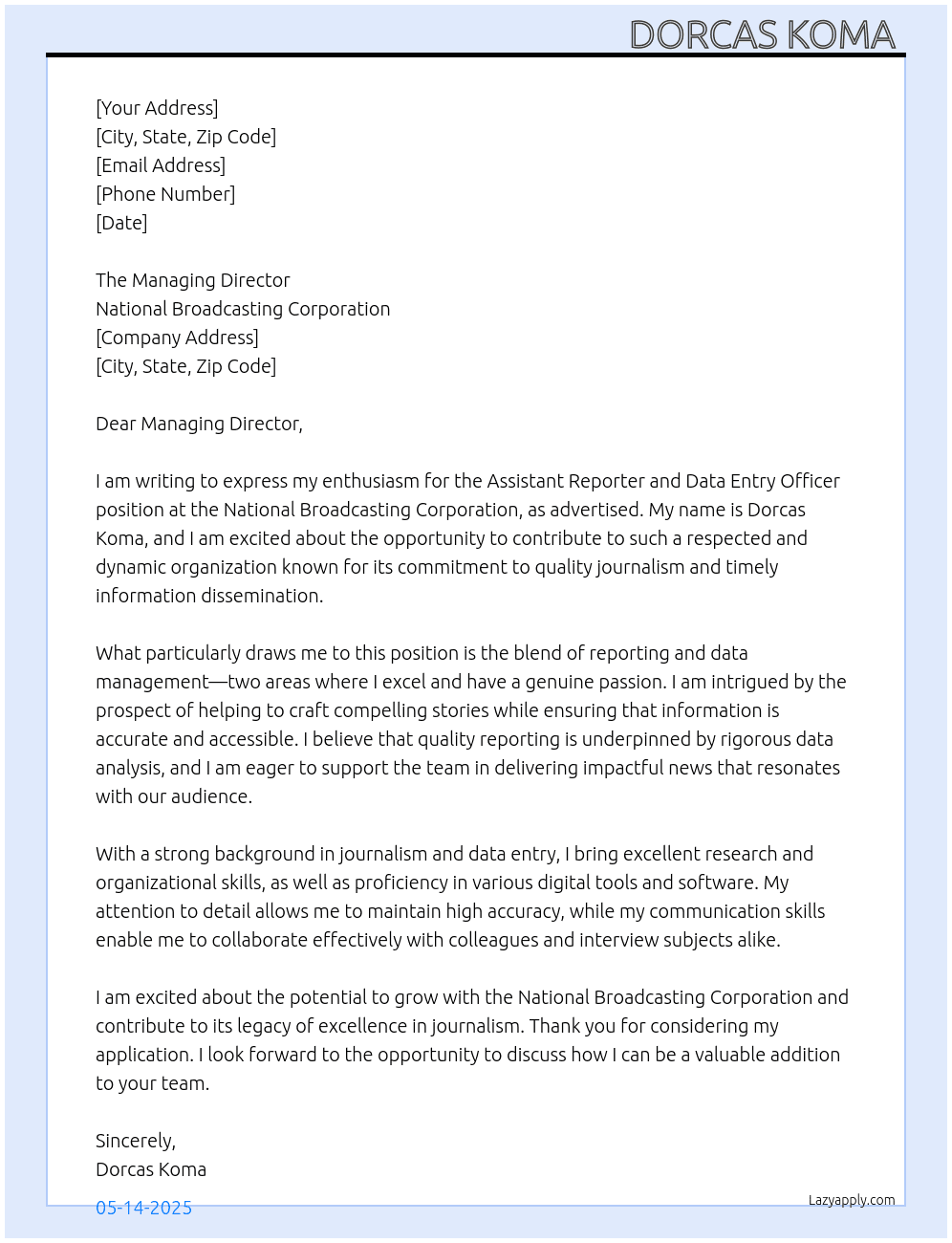 Cover letter for assistant reporter and data entry officer - LazyApply