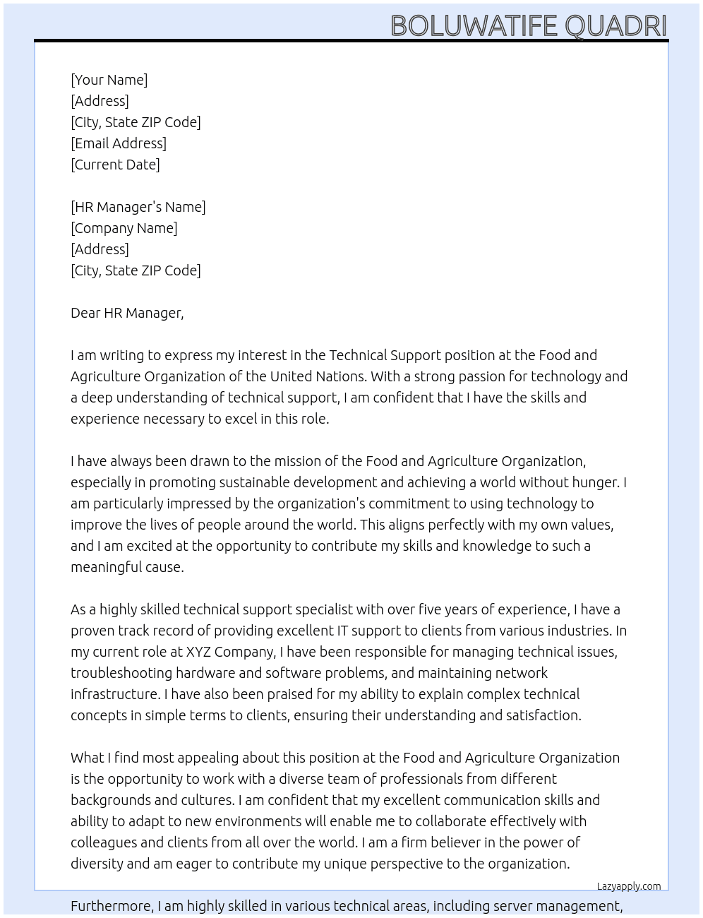 Technical support  At Food and Agriculture Organization ofvthe United Nation  Cover Letter