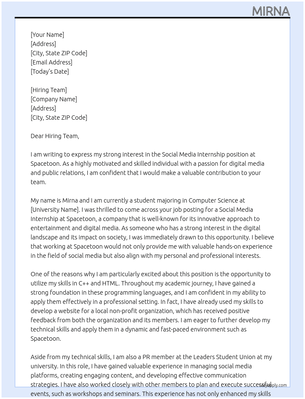 Social media internship  At Spacetoon  Cover Letter