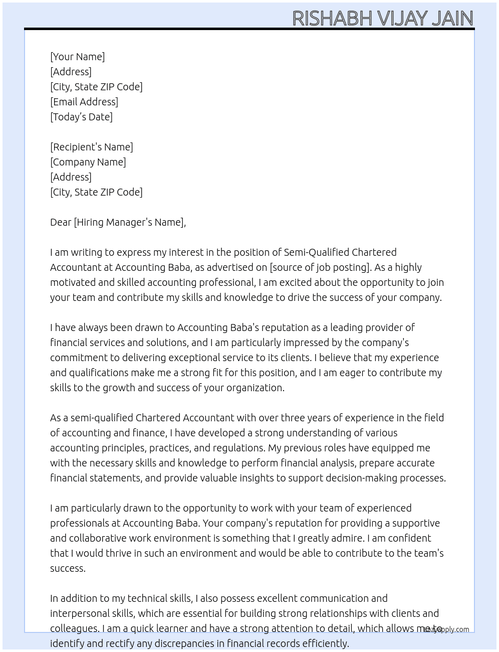 Semi qualified Chartered Accountant At Accounting Baba Cover Letter